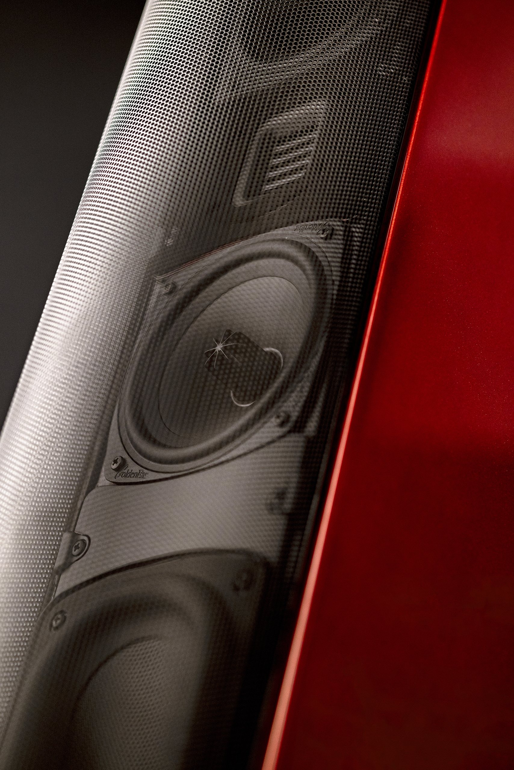 GoldenEar T66 Red — grille and HVFR / mid-bass drivers close-up